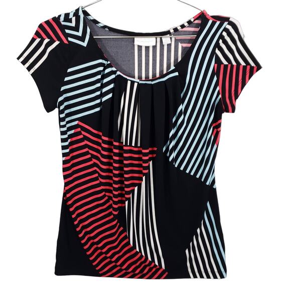 New York & Company Blouse Womens Extra Small Multicolor Geometric Pleated Shirt - Picture 1 of 6